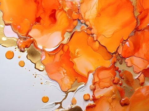 Orange color alcohol ink painting, color-gel, splashing art, abstract, pastel tones with golden cracks