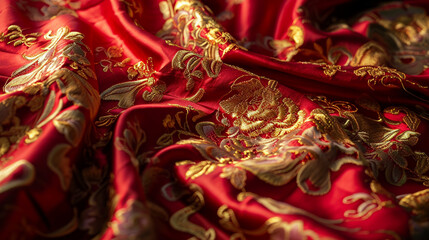 A background of red silk with gold embroidery, symbolizing wealth and prosperity, Chinese New Year, Flat lay, top view, with copy space