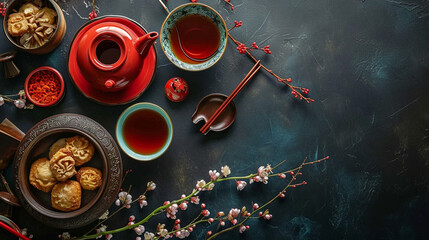 A setting of traditional Chinese tea set and snacks, Chinese New Year, Flat lay, top view, with copy space