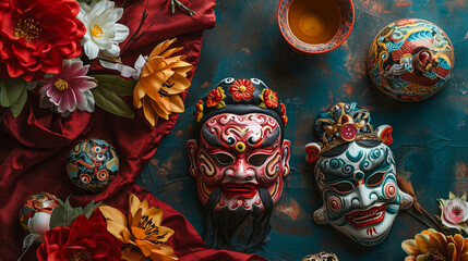A vibrant array of traditional Chinese masks, Chinese New Year, Flat lay, top view, with copy space