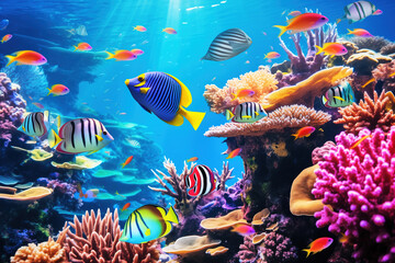 Naklejka na ściany i meble Vibrant Underwater Ecosystem with Colorful Fish and Coral