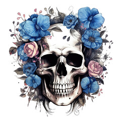 Skull and flowers hand drawn with tattoo vintage print