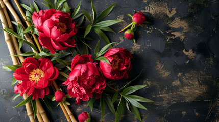 An arrangement of red peonies and bamboo, symbolizing good fortune, Chinese New Year, Flat lay, top view, with copy space