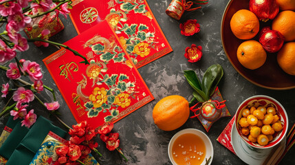 Obraz na płótnie Canvas A background of colorful Chinese New Year greeting cards, Chinese New Year, Flat lay, top view, with copy space