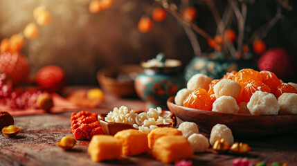 Traditional Chinese sweets and snacks arranged for the festival, Chinese New Year, blurred background, with copy space - obrazy, fototapety, plakaty