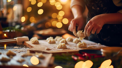 Handmade dumplings being prepared for the New Year’s meal, Chinese New Year, blurred background, with copy space