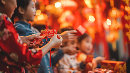 A family giving gifts and red envelopes to each other, Chinese New Year, blurred background, with copy space