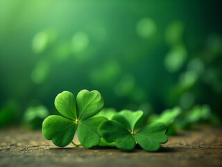green background happy clover for st. patrick's day, blurred background with sparkles