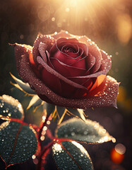 Tapeta czerwona, rustykalna Róża w kroplach deszczu. Generative AI - obrazy, fototapety, plakaty