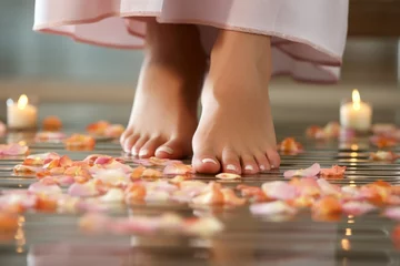 Schilderijen op glas Spa aesthetics for feet close up in water with flower petals, surrounded by spa elements © Radmila Merkulova