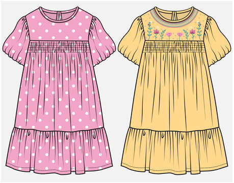 MUSHROOM SLEEVES DRESS WITH BIB CUT BODICE AND TIERED DETAIL DESIGNED FOR TEEN AND KID GIRLS IN VECTOR ILLUSTRATION FILE