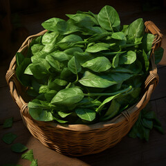 Freshly picked organic spinach in a basket of vines in close-up. Background.