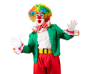 Funny clown. Entertainer Joker in a colorful suit and wig. Buffoon with clown whiteface makeup....