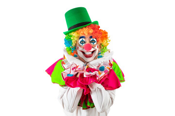 Funny clown. Entertainer Joker in colorful suit and wig. Buffoon with clown whiteface makeup....