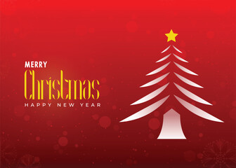 Merry Christmas and New Year background with illustration of fir tree and stars on a red background.