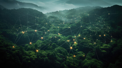 Mesh network connectivity over forest - obrazy, fototapety, plakaty