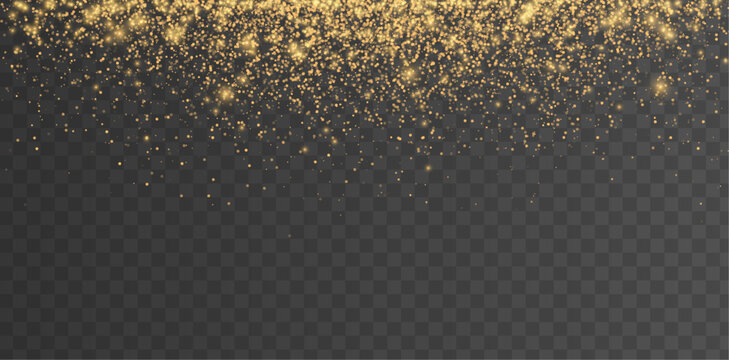 Glitter golden light and stars border. Christmas Holiday glow particle. Magic star effect. Sparkle bokeh. Shine luxury background. Festive party design. Twinkle flash. Fairy bulb. Vector illustration