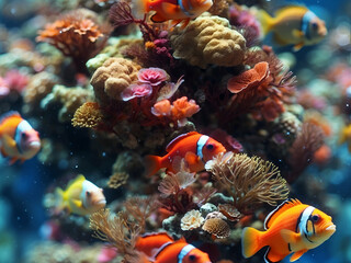background under water with many small colored fishes, coral reef in the background