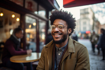 Fototapeta premium Generative AI portrait of young person sitting dreamy in aroma cafeteria enjoying morning coffee