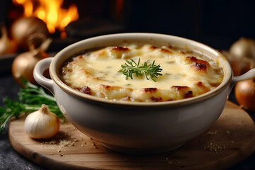 dish appetizing onion soup with cheese, French dish, European cuisine