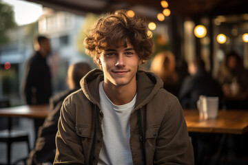 Fototapeta premium Generative AI portrait of young person sitting dreamy in aroma cafeteria enjoying morning coffee