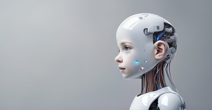 Half-robot, half-human girl child connected with artificial intelligence