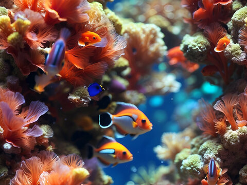background under water with many small colored fishes, coral reef in the background