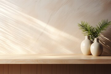 Organic skincare product display on wooden counter table with soft sunlight and leaf shadow
