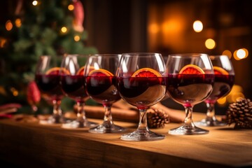 A row of glasses filled with mulled wine on a wooden table, decorated with cinnamon and juniper branches
