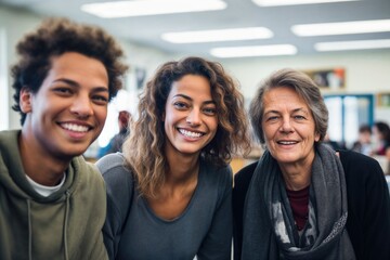 a teacher poses with two of her students in a class - obrazy, fototapety, plakaty