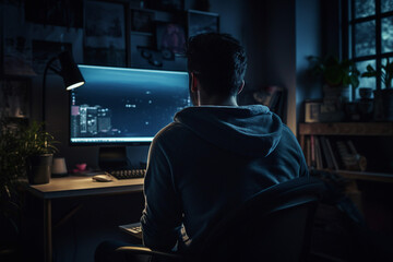 Secret hacker organization workplace data IT specialist near big screen with code Generative AI