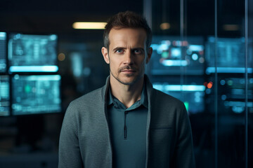 Fototapeta premium Secret hacker organization workplace data IT specialist near big screen with code Generative AI