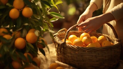 Female hand holding basket with fresh oranges. Picking oranges in garden, fruit plantation on sunny summer day. Concept of cultivation, agriculture, organic products, farm, harvesting