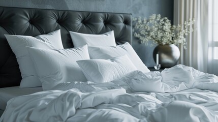 Close up of White pillows and bedding in the bed. Bedroom interior design details concept.