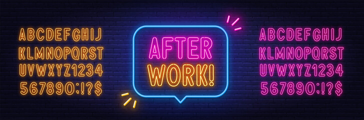After Work neon sign in the speech bubble on brick wall background.