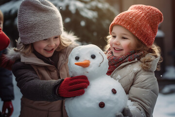 Obraz premium Happy children family making funny snowman outdoors spend weekend leisure outside Generative AI