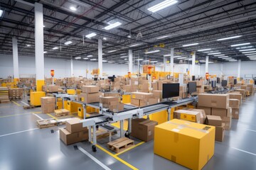 Efficient conveyor system moving cardboard box packages in a vibrant warehouse fulfillment center - obrazy, fototapety, plakaty