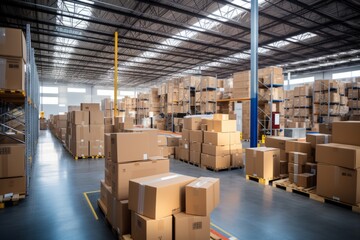 Efficient conveyor belt system moving multiple cardboard box packages in a busy warehouse
