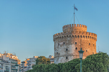 Beautiful view of White Tower during sunrise in Thessaloniki, Greece.