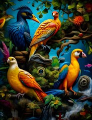 a group of colorful birds perched on a branch