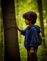 a child touching a tree 