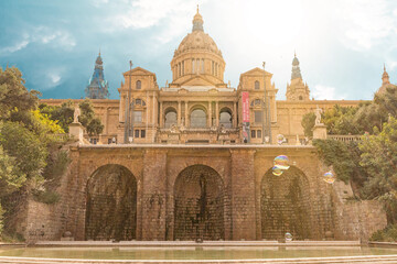 View of Montjuic fountain and National Museum in Barcelona. Spain.