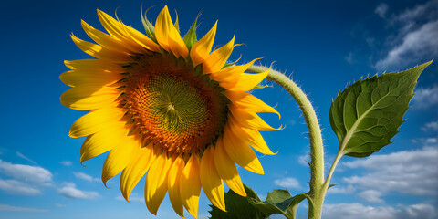 Close up of large sunflower flower, clear blue sky background. Generative Ai