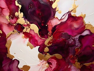 Burgundy color alcohol ink painting, color-gel, splashing art, abstract, pastel tones with golden cracks. A close-up of a vibrant red and gold flower painted in a bold, abstract style. 