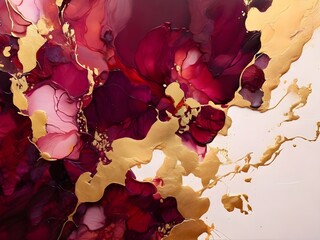 Burgundy color alcohol ink painting, color-gel, splashing art, abstract, pastel tones with golden cracks. A close-up of a vibrant red and gold flower painted in a bold, abstract style. 