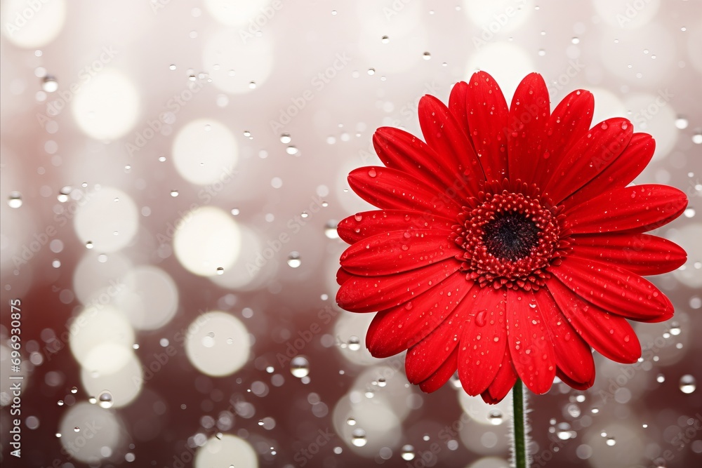 Poster red gerbera daisy on isolated bokeh background with ample copy space for text placement.