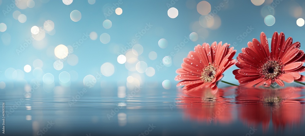 Poster red gerbera daisy on isolated background with magical bokeh effect and copy space for text placement