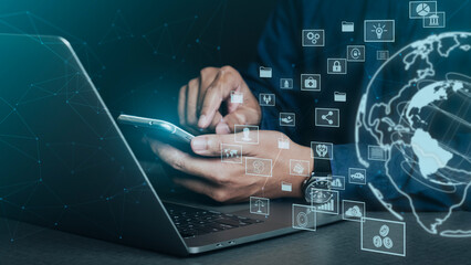 Social media concept communication network Access to information Online databases, AI technology,...