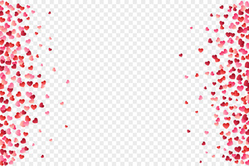 Vector frame of falling red and pink hearts confetti on the transparent background. Heart confetti for Women's Day, Valentine’s Day, for greeting cards, wedding invitation.