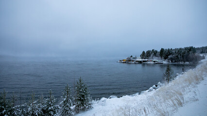 A serene winter landscape showing a snow-covered shoreline with evergreens and a pier with boats on...